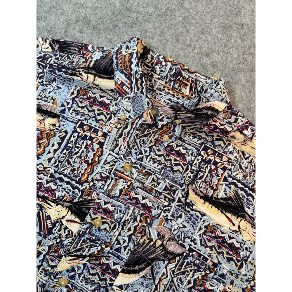 Bimini Bay Outfitters Mens XL Blue Marlin Fish Tribal Print Cotton Fishing Shirt